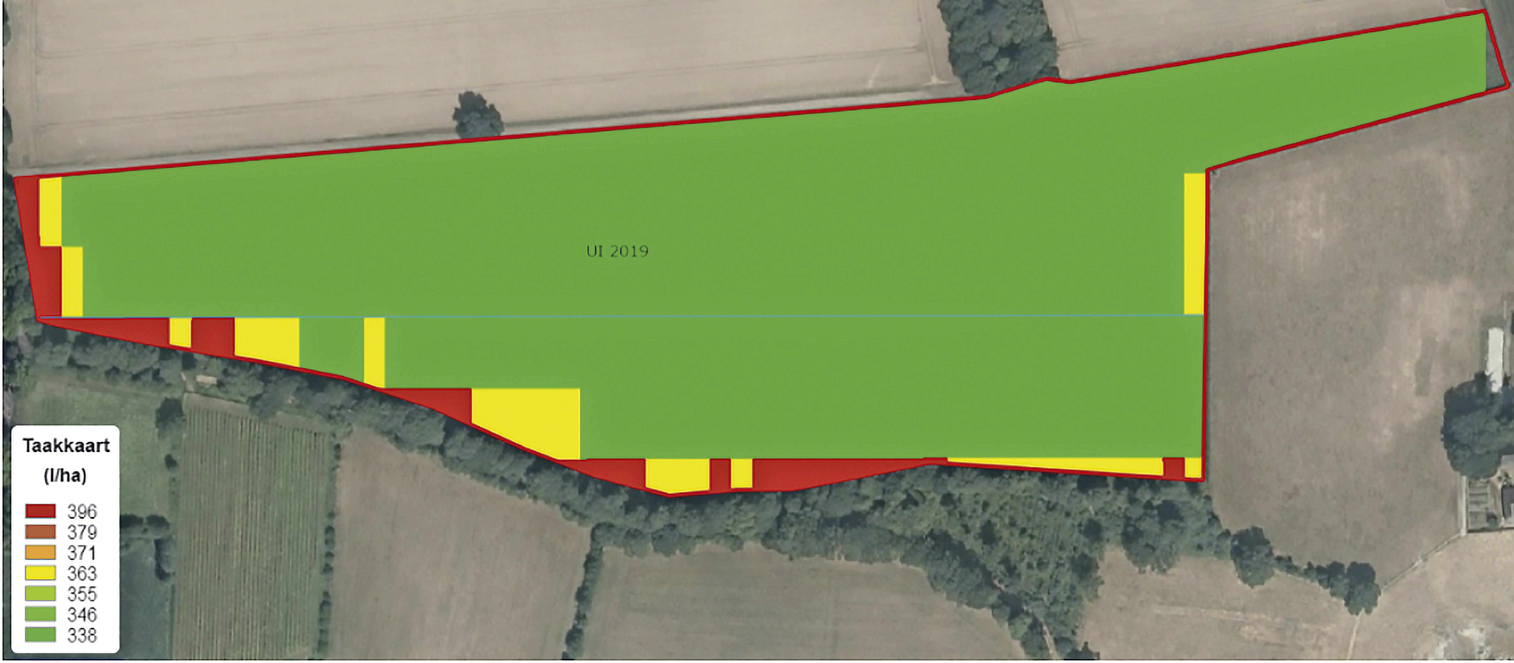 De variatie verdwijnt nagenoeg volledig als de kaart op de spuit wordt aangepast Per stuk van 10m lengte wordt dan de hoogste dosering wat onder de 33m ligt als dosering genomen. De taakkaart die daar uitkomt zie je in figuur 2, waarbij de dosering is uitgedrukt in L/ha.