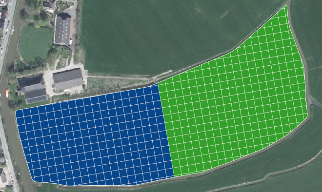 Perceel 16 is opgesplitst in twee delen.  Links werd voor de derde snede een vlakke stikstofgift gegeven, rekening houdend met nalevering uit dierlijke mest. -     Rechts is de kunstmest verdeeld naar efficiëntie. Op plekken met een hoge stikstofefficiëntie is meer stikstof toegediend dan op plekken met een lage efficiëntie.  